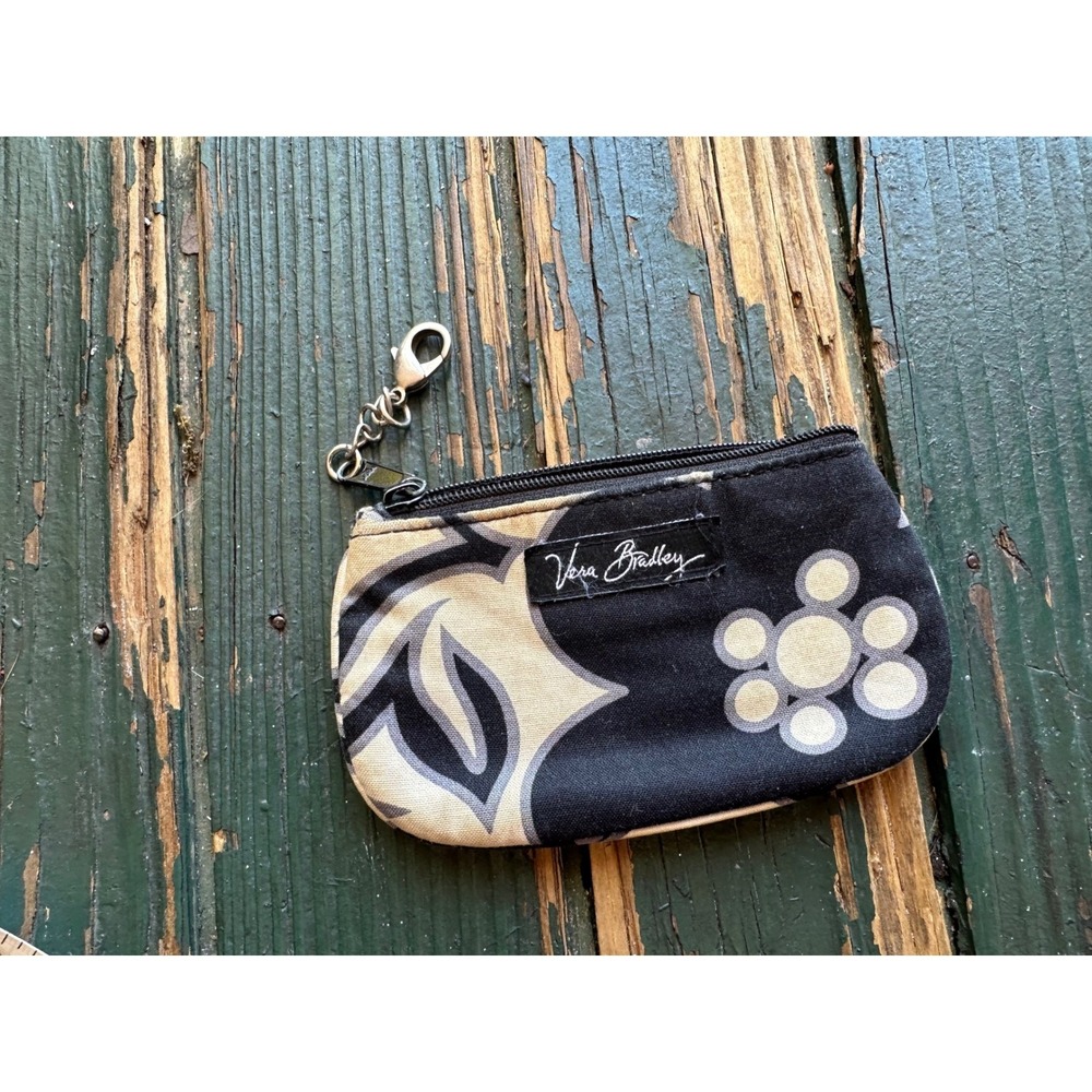 Vera Bradley Zip ID Case Black Tan Floral Geometric Key‎ Chain Wallet M100